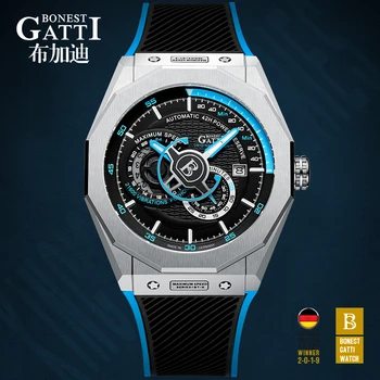 Relógio Mecânico automático Homens Marca de Topo GATTI Luxo de Couro Mens Relógios Impermeável Esportes Azul Relógios Relógio Masculino