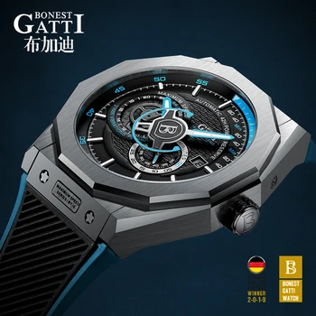 Relógio Mecânico automático Homens Marca de Topo GATTI Luxo de Couro Mens Relógios Impermeável Esportes Azul Relógios Relógio Masculino