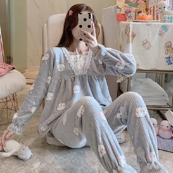 Pijama Define as Mulheres mais grosso Flexível de Duas peças Soltas Camisola de Manga Longa de Lazer, Elegante, Doce Popular Kawaii Soft Feminino Roupas