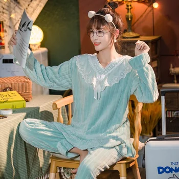 Pijama Define as Mulheres mais grosso Flexível de Duas peças Soltas Camisola de Manga Longa de Lazer, Elegante, Doce Popular Kawaii Soft Feminino Roupas