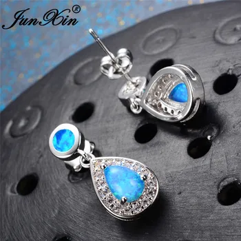 JUNXIN Cor de Prata de Luxo Brincos Para Mulheres Lágrima Zircão Branco/Azul de Fogo Opala Pedra Dangle Brincos de