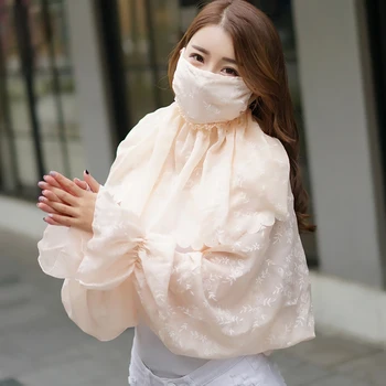 Nova Moda Protetor solar xale mulheres de verão pescoço proteção de manga longa exterior pára-sol máscara fina xale lenço de duas peças de conjunto