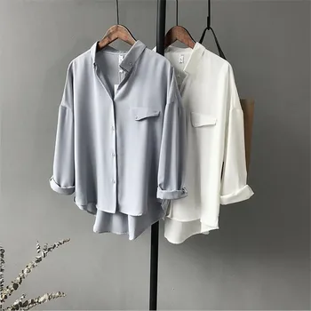 Alta qualidade Casual Chiffon Mulheres brancas blusa camisa oversized manga Três Quarto camisa solta desgaste de escritório casua tops, blusas