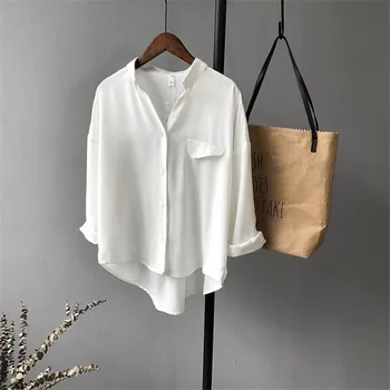 Alta qualidade Casual Chiffon Mulheres brancas blusa camisa oversized manga Três Quarto camisa solta desgaste de escritório casua tops, blusas