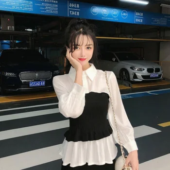 Novo 2020 Mulheres Coreanas Dois Conjuntos De Peças De Roupa De Moda Primavera Patchwork Blusa Tops + Saia Longa Ternos Elegantes Senhoras 2 Pcs Conjunto