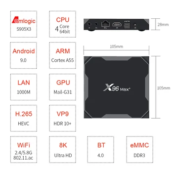 Genuíno X96 Max Plus 8 Caixa de TV Android 9.0 Amlogic S905X3 Quad Core, 4GB de 64GB 5G Dupla WIIF BT4.0 1000M Lan 8K HDR Set-top box