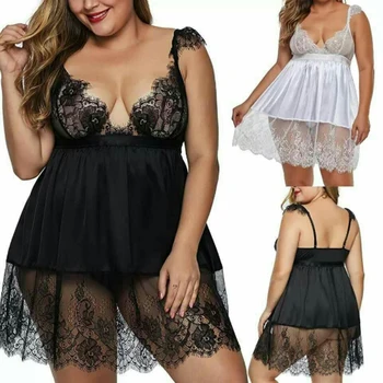 Moda Rendas na Lingerie Erótica Oca-out Sexy de lingerie Plus size Vestido Sexy Nightdress Graciosa Pijamas Noite Saia