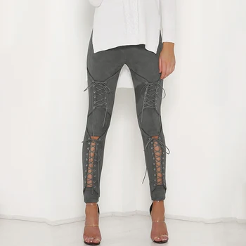 Nova Moda das Mulheres Curativo Calças de Yoga Lace-Up Mulher de Calças de Camurça Lápis de Couro, Calças de Laço Cortado Sportswear Calças
