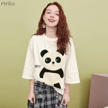 ARTKA 2020 Verão das Mulheres T-shirt de Algodão Puro Moda Panda Impressão de Pelúcia T-shirt de tamanho grande de Manga Curta T-shirts Brancas TA25003Q