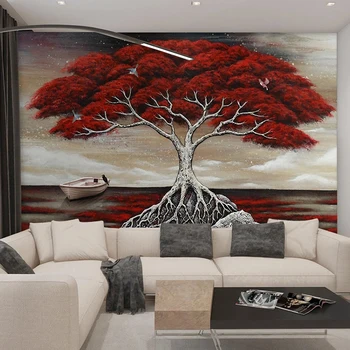 Personalizado Mural Criativo 3D Estereoscópico, Pintados à Mão Pintura a Óleo Vermelho Árvore Grande Sala de estar Decoração de papel de Parede Para Quarto de Paredes