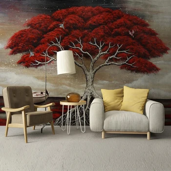 Personalizado Mural Criativo 3D Estereoscópico, Pintados à Mão Pintura a Óleo Vermelho Árvore Grande Sala de estar Decoração de papel de Parede Para Quarto de Paredes