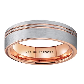6mm Rosa de Ouro, Anéis de Casamento do Tungstênio Escovado Superfície Moda Jóias do Casamento de Banda Plana Com duas Ranhuras Ajuste de Conforto