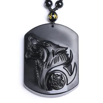 Alto Grau Preto De Escultura De Cabeça De Lobo Amuleto Pingente Da Sorte Colar Para Homens Obsidiana Bênção Presente Da Jóia