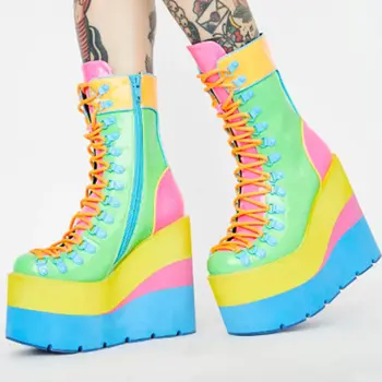 Mulheres 2021 nova chegada quente venda por atacado sapatos de cores misturadas punk gótico cadarço redondo toe plataforma de cunhas de calcanhar ankel boots