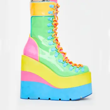Mulheres 2021 nova chegada quente venda por atacado sapatos de cores misturadas punk gótico cadarço redondo toe plataforma de cunhas de calcanhar ankel boots