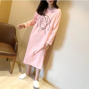 Camisolas Mulheres Médio-longo Pescoço Redondo Bonito Impresso Solta 2XL Plus Size Sleepshirt para a Menina Chique Respirável Moda Simples Ulzzang