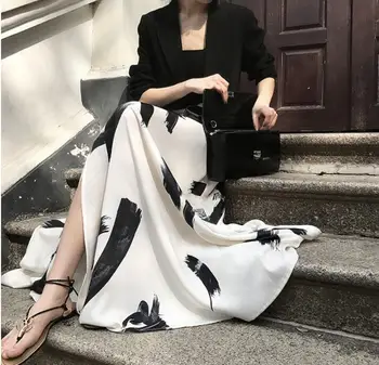 Estilo coreano Elegante 2021 Verão Novas Mulheres Sexy Longo Maxi Vestidos de Festa Saia Impresso Cintura Alta Dividir Uma linha de Saias Fem