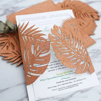 Cobre personalizado de ouro tropical de Corte a Laser Convite de Casamento,palmeira estilo convites, personalizados impressos cartões dobrados