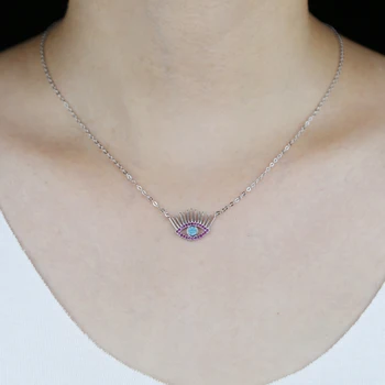 Prata 925 esterlina de cílios sorte sinal de sorte símbolo menina colar turco mal olho vermelho zirconia prata colorido colares
