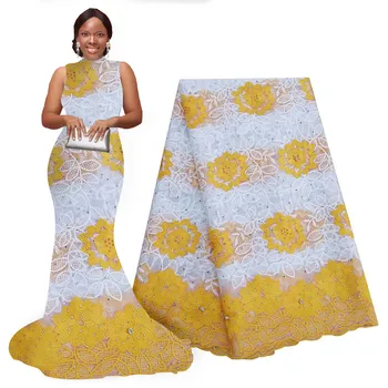 Africana Frisada Lace Fabric 5 metros Bordada de Malha de Tecido de Renda Africana de Renda Alta Qualidade Rendas Guipure para a Festa e Casamento