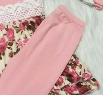 Moda de flor meia manga roupas de meninas bebê boutique de renda tops+sólido calças cor-de-rosa 2 pcs conjuntos de crianças roupas para crianças gxj
