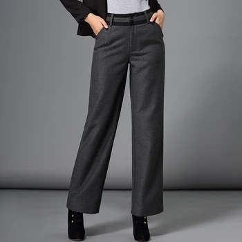 2019 o outono inverno de calças para mulheres moda formal plus size de lã calças casuais grande perna de calça feminina preta