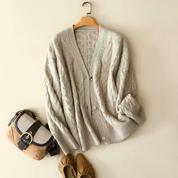 Luxo cashmere de pescoço de v botões de cardigã com pérolas mulheres de grandes dimensões moda grosso de vestuário cabo de malha, camisolas de inverno