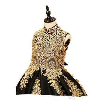 Luxo em Preto E dourado de Renda Meninas de Flor do Vestido de gola Alta Com Espartilho de Volta Cristal Designer Garota de Primeira Comunhão de Concurso de Vestido