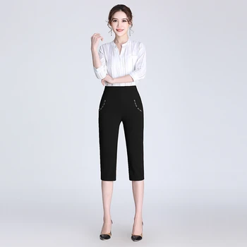 Verão Capris Calças Para as Mulheres Casual Sólido Pantalon Femme Lápis de Cintura Alta Calças Skinny Trecho Curto Calças Tamanho Plus 5XL