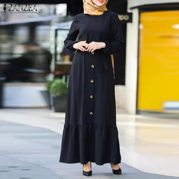 Vintage Muçulmano Vestido de Mulher Sólido Sundress ZANZEA 2021 Casual Puff Manga Maxi Vestidos com cinto Feminino Botão Veste Plus Size 5XL