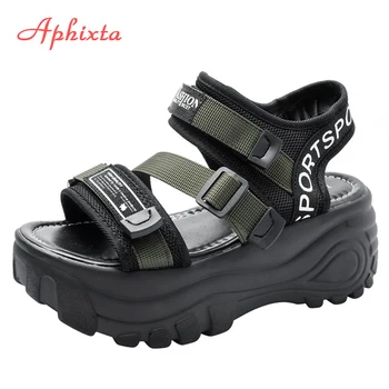 Aphixta 6cm de Espessura Inferior a Plataforma Sandálias das Mulheres Cristais de Diamante Aumento da Altura de Sapatos de Mulheres de Lona de Verão Fivela Mulher de Sandália