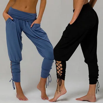Os Pés das mulheres Calças de Cintura Alta Bolsos Alça de Calças Casuais Curativo Calças largas de Cor Sólida Magro Calças de Yoga Cavallari