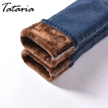Tataria Cintura Alta de Mulheres Inverno Jeans para Mulheres Quente Inverno Jeans com Lã Skinny Feminina Jeans Stretch Calças de Veludo Azul