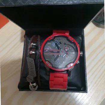Relógio + Pulseira de Conjunto de Homens a Grande Dial Vermelho Revestido de Borracha Relógio Relógio de Quartzo + Caixa de 3pcs / Set Homens Relógios de Luxo 2021