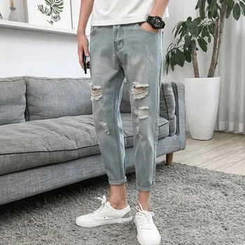 Verão de 2020 Moda fino slim pés jeans homens coreano tendência selvagem rasgou buracos homens de tornozelo comprimento de calças jeans folgadas calças mendigo
