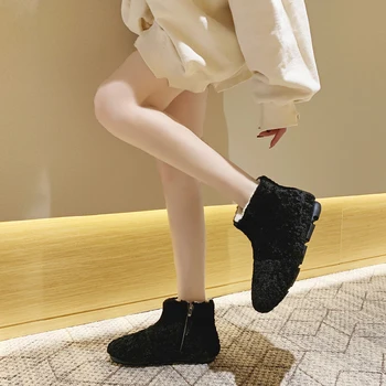Designer de Inverno Fresco Zíper de Neve Botas Curtas de Mulheres da Moda Lambswool de Salto Grosso Botas de Meninas antiderrapante Casual Veludo Quente Sapatos