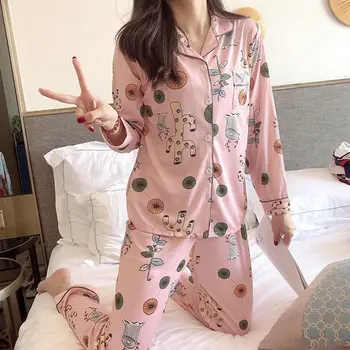 2020 Outono Mulheres do Pijama com os Conjuntos de Impressão de Flor de Moda de Luxo Feminino Artificiais de Seda em Duas Peças de Camisas + Calças de Pijamas Nighties