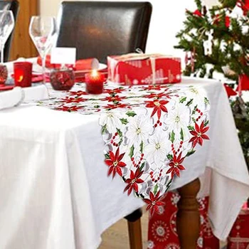Natal Bordado Corredor da Tabela de Luxo, Holly bicos-de-Corredor da Tabela para Decorações de Natal, 15 x 70 Polegadas