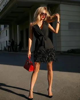 DEAT 2021 nova moda das mulheres de roupas com decote em V sem mangas cintura alta pena de retalhos bolso do terno preto vestido sexy WO66901XXL