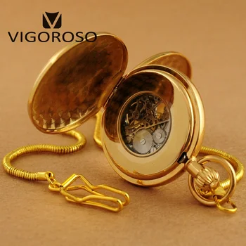 VIGOROSO de Alta Qualidade de Ouro de Aço Cheio de Cobra FOB Mecânica da Cadeia Relógio de Bolso do Lado do enrolamento Antigo Vintage Romano Relógio Homens Presentes