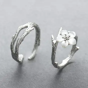Novo s925 prata original do projeto de neve flor de cerejeira casal de abertura de anel ajustável vento gelado coreano onda de jóias