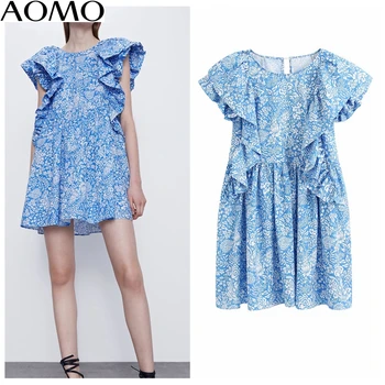 AOMO 2020 moda verão as mulheres azul estampa floral, babados mini vestido de manga curta senhoras vintage vestido curto, vestidos 3H257A