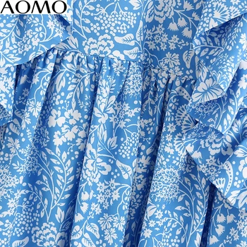 AOMO 2020 moda verão as mulheres azul estampa floral, babados mini vestido de manga curta senhoras vintage vestido curto, vestidos 3H257A