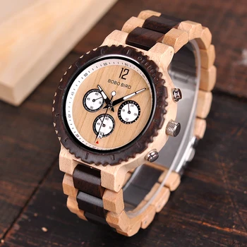 BOBO PÁSSARO Homens do Relógio de Pulso de Madeira Cronógrafo Relógios Para Homem de Design de Luxo Madeira Brilhante de Quartzo Relógios de pulso Masculinos Relógios C-R08