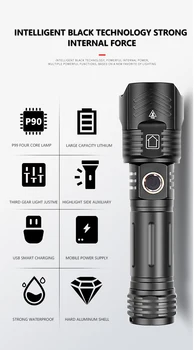 Dropshipping XHP100 Lanterna LED Zoom USB Recarregável do Poder Apresentar Mais Poderoso XHP90 Tocha 18650 Bateria 26650 de Mão de Luz