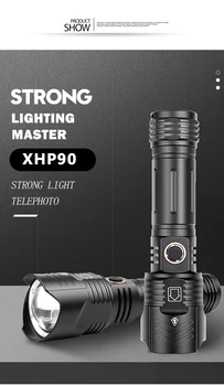Dropshipping XHP100 Lanterna LED Zoom USB Recarregável do Poder Apresentar Mais Poderoso XHP90 Tocha 18650 Bateria 26650 de Mão de Luz