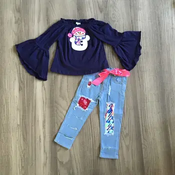 GirlyMax Inverno Meninas Boneco De Neve Bordado Azul Raglan Bebê Jeans Conjunto De Roupa De Natal