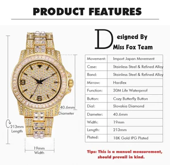 MISSFOX Homens Relógios de Homens De 2019 Baguette Diamante Homens do Relógio Marca de Luxo Homem Relógio de Ouro 18K Impermeável Relógio de Quartzo de Pulso