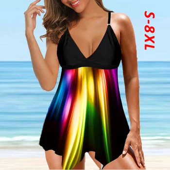 2021 Mulheres Novos trajes de Banho Impressão de Natação Vestido Plus Size 8XL de Praia no Verão Irregular Bainha de roupa de Banho Grande Tankini roupas de Praia