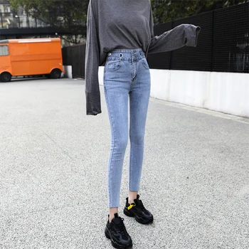 A Luz Azul De Lápis De Calças De Mulher De Cintura Alta Casual Elástico Jeans Skinny Mulher Coreano Qualidade Chic Alta Jean Fêmea De Alta Qualidade
